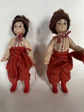 Set of 2 VTG Ukranian USSR Soviet Boy Dolls 9” Original Folk Costumes & Fur Hats picture