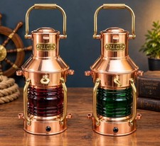 Set of 2 Nautical Copper Lanterns, Red Green Glass Lens Ship Lights picture