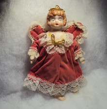 Vintage porcelain doll christmas ornament In Pink Dress - 5.5” Tall - Wings picture