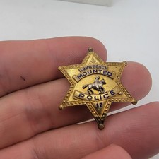 Vintage Long Beach Mounted Police Badge #12 Gold Tone Enamel Horseback Star picture