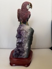 Large Hand-Carved Brazilian Gemstone Parrot on Natural Amethyst Crystal – 12in picture