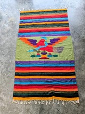 Mexican Serape Style Woven Blanket Throw Bird Motif Rainbow Stripes Fringe picture