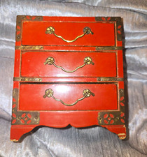 Vintage Japanese Miniature Tansu Chest Red Lacquer 3 Drawer Jewelry Box Brass 6” picture