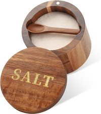 Salt Cellar, Acacia Wood Salt Container with Built-in Spoon & Swivel Lid, Engrav picture