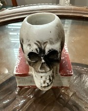 Vintage 1930s Bisque Skull on Book Match Holder Japan Halloween Macabre 2.7” picture