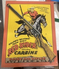 VINTAGE 12x16 in DAISY AIR RIFLE COWBOY RED RIDER ADV SIGN TIN METAL. picture