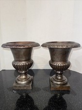 Beautiful Pair Vintage Cast Iron Garden Urn Planters Neoclassical Pedestal 10.5” picture