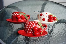 Vtg 2003 THT Set 3 Coffee Cup 3D Wall Pocket Planter Red White Cherries Included picture