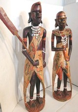 Vintage Carved Wooden Figurines Representing Kenyan Maasai Warriors 2ft. Tall picture