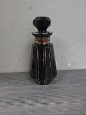 Vintage Czech Black Glass Perfume Bottle W Stopper Gold Deco Hollywood Regency picture