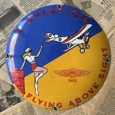 VINTAGE 1955 SHELL AVIATION 12 INCH CONVEX PORCELAIN ENAMEL SIGN picture