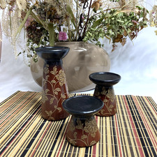 3 pc Wood Candle Holder Set Embossed Floral Design Black to Brown Graduated 7-3