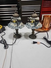 2002 Winter Scene Currier & Ives Painted Glass Shade Table Lamp Museum Of NY Set picture