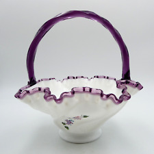 Fenton Footed Basket Lilacs Milk Glass Amethyst Purple Crest Signed Limited Ed picture