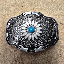 Western womens Belt Buckle Turquoise & White flower Ornate Silver Design picture