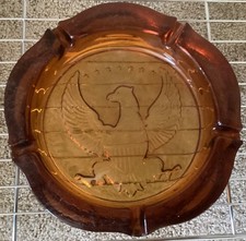 Vintage Amber Glass Ashtray American Eagle Large Round 10” - Heavy picture