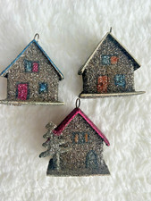 3 VTG Cardboard Mica Putz House Christmas Ornaments W. Germany 2