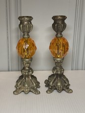 Hollywood Regency Vtg Candlesticks Amber Lucite MCM Set of 2 Goth Gothcore Decor picture