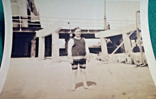 1920's Men's Beach Bathing Suit Fashion Man Posing on Beach Sand Snapshot Photo picture