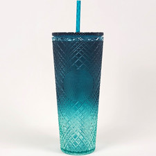 Starbucks 2021 Teal Blue Ombre Diamond Grid Venti Tumbler 24oz Cold Cup w/ Straw picture