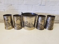 Antique Silver Plated Set of 4 Tankard / Mugs and Bucket w/ Mt. Fuji Dec. picture