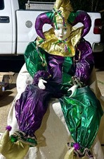 Huge 46” Handmade VTG Mardi Gras Harlequin Jester Doll Porcelain Head Hands N.O. picture