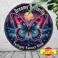 Twilight Forest Glow Dreamy Butterfly Neon Style Round Metal Sign 8x8 picture