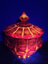 Vtg Fenton Glass Candy Dish w/Lid Valencia Pattern Persimmon Orange UV Reactive  picture