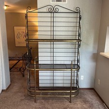 Vintage Mid Century Rod Iron & Solid Brass Baker's Rack picture