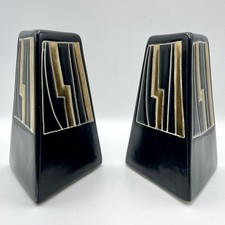 Harris Potteries Art Deco Lightning Motif Black & Gilt Sculptural Candle Holders picture