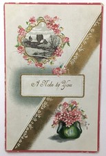 Antique Postcard A Note For You Pink Border Embossed Split Landscape & Flowers picture