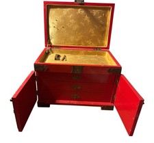 Vintage Chinese Red Lacquer Jewelry Chest Brass Mounts 3 Drawers Lock & Key picture