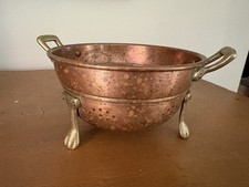 Vintage Claw Footed Small 6” D Copper Colander Strainer w/ Brass Feet & Handles picture