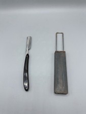 Vintage Extra Straight Razor Black Handle & Hanging Leather Strop Hone Shaving⁠ picture