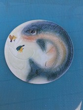 Vintage B.E.M. USA Pottery Fish Plate Embossed Bass Trout Fly Fishing #143 picture