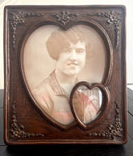 Victorian replica double heart wood photo frame carved flowers 12x7