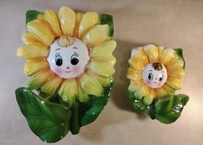 Vintage Lefton PY Japan Anthropomorphic Sunflower Wall Pockets Set Of 2 picture