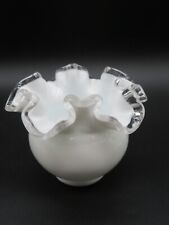 VTG Fenton Milk Glass Short Rose Bowl Vase with clear crest crimp rim picture