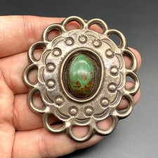Vintage Navajo Native Turquoise Hand Stampwork Silver Sandcast Pendant picture