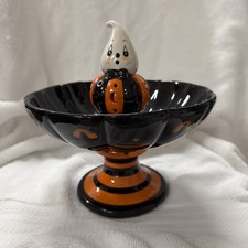NEW Johanna Parker Black Orange Halloween Ghost Light Up Candy Dish Bowl picture
