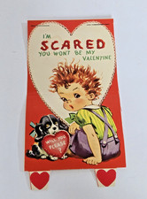 Vtg 1950s Mechanical Valentine Card Boy Puppy Scared Halloween Spooky Theme 7” picture