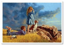 LITTLE BOY GIRL DOG A Golden Moment KIDS ART Jim Russian NEW Postcard picture