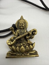 Ebros Vastu Hindu Goddess Saraswati On Lotus Playing Veena Guitar Necklace Brass picture