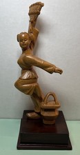 Vtg Chinese Carved Boxwood Female Dancer With Fan &Basket Figure Statue on Base picture
