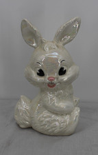 VTG Porcelain Bunny Figurine Iridescent White Big Eyes Sitting Rabbit Home Decor picture