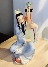 Antique Musician Asian Man Blue Glazed Porcelain Ceramic Base Gorgeous 9” picture