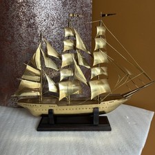Vintage Model 19” Ship Sailboat Sailing Vessel BRASS Metal Nautical Wood Base picture