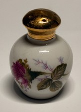 Antique Moss Rose Porcelain Salt Shaker Gold Metal Top Cork Bottom Pink Floral picture