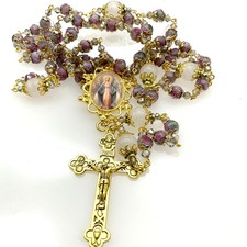 Rosary Immaculate Mary Lampwork Beads Gold Tone with Pink Quartz picture