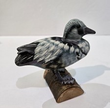 Wooden Painted Hand Carved Blue Gray White Black Duck On A Log 3.75